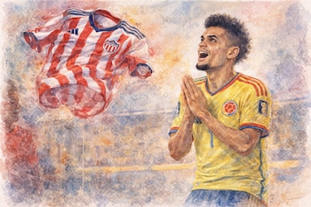 Ilustración de un hombre joven con camiseta amarilla de Colombia y manos juntas, mirando una camiseta roja y blanca a rayas del Junior que flota en el aire.