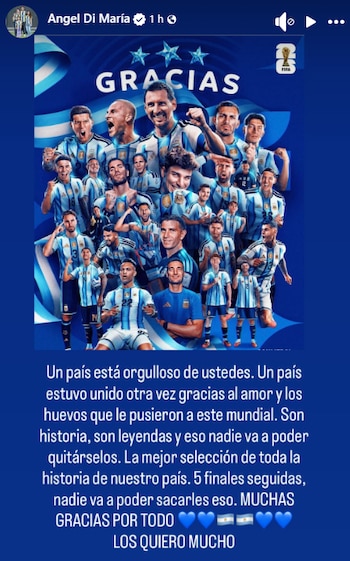 Ángel Di María realizó un posteo para felicitar a la selección argentina (Instagram)