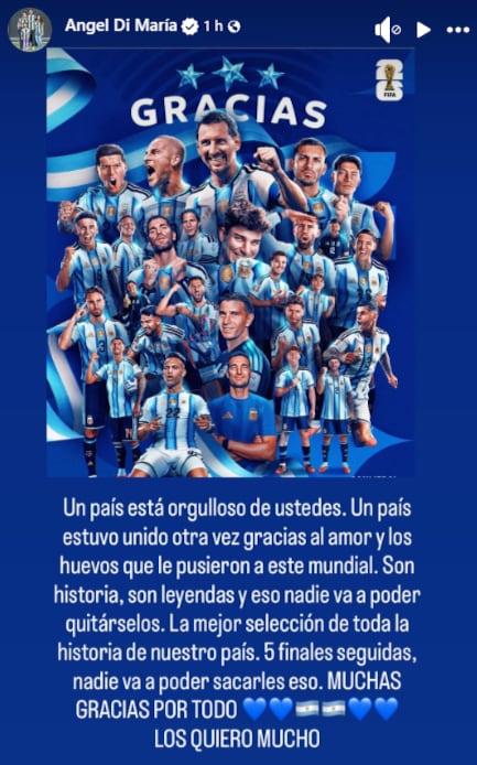Di María reconoció a sus excompañeros como la mejor selección de la historia del país, con cinco finales seguidas como marca que, según él, nadie va a poder quitarles