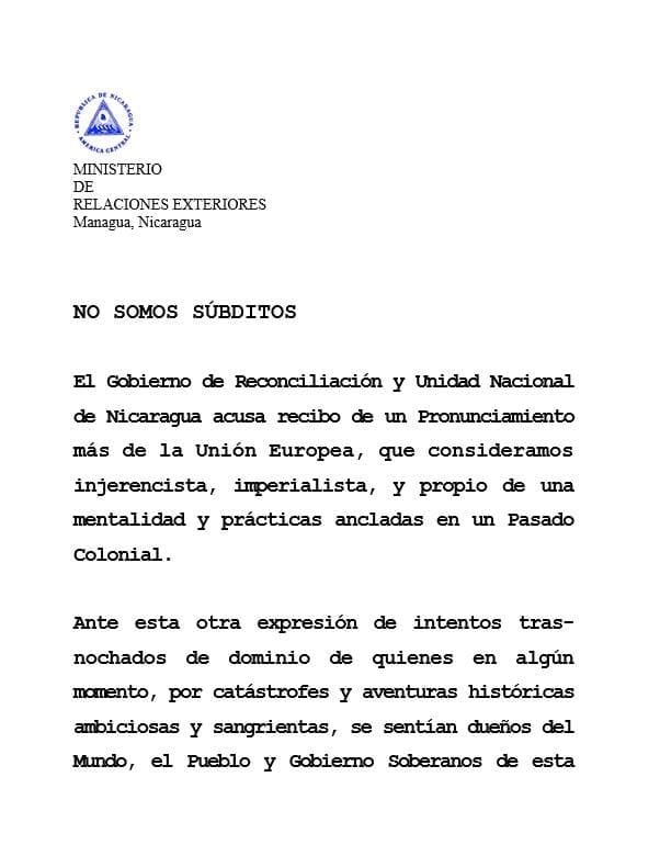Daniel Ortega, cuyo gobierno acusó a la diplomacia europea de actuar con una «mentalidad colonial» tras las peticiones de elecciones libres.