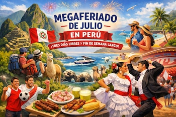 Ilustración de Machu Picchu, bandera de Perú, llamas, fuegos artificiales, turistas, pareja en la playa, bailarines, comida, futbolistas y barcos.