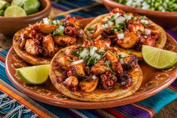Tres sopecitos con pulpo adobado, cebolla picada y cilantro servidos sobre un plato de barro junto a trozos de limón.