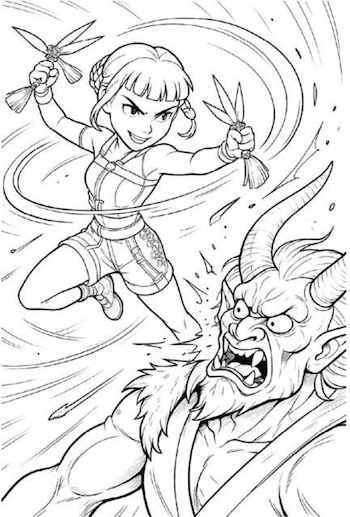 La cazadora de demonios aparece con su espada y sus características coletas en un dibujo que permite practicar sombras, contrastes y efectos mágicos.