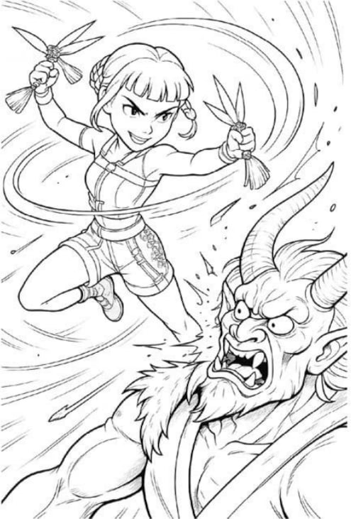 La cazadora de demonios aparece con su espada y sus características coletas en un dibujo que permite practicar sombras, contrastes y efectos mágicos.