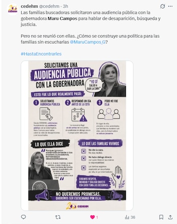 Infografía en tonos morados con texto explicativo, ilustraciones de iconos y retratos de la gobernadora Maru Campos