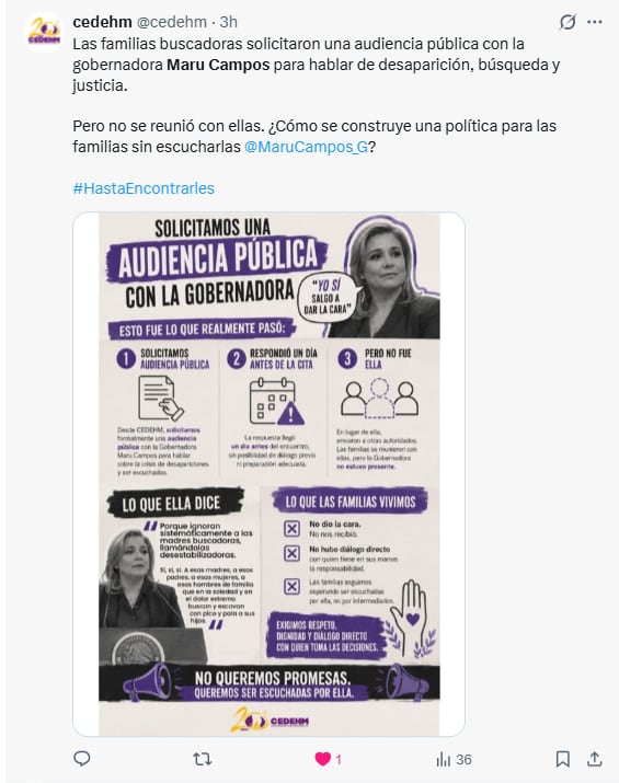El Centro de Derechos Humanos de las Mujeres señala que la gobernadora Maru Campos no asistió a la audiencia solicitada por familias de personas desaparecidas en Chihuahua. ( @cedehm)