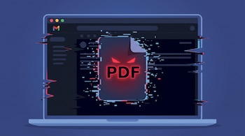 Una computadora portátil muestra en pantalla la interfaz de un correo electrónico y un icono de archivo PDF con ojos rojos y distorsión.