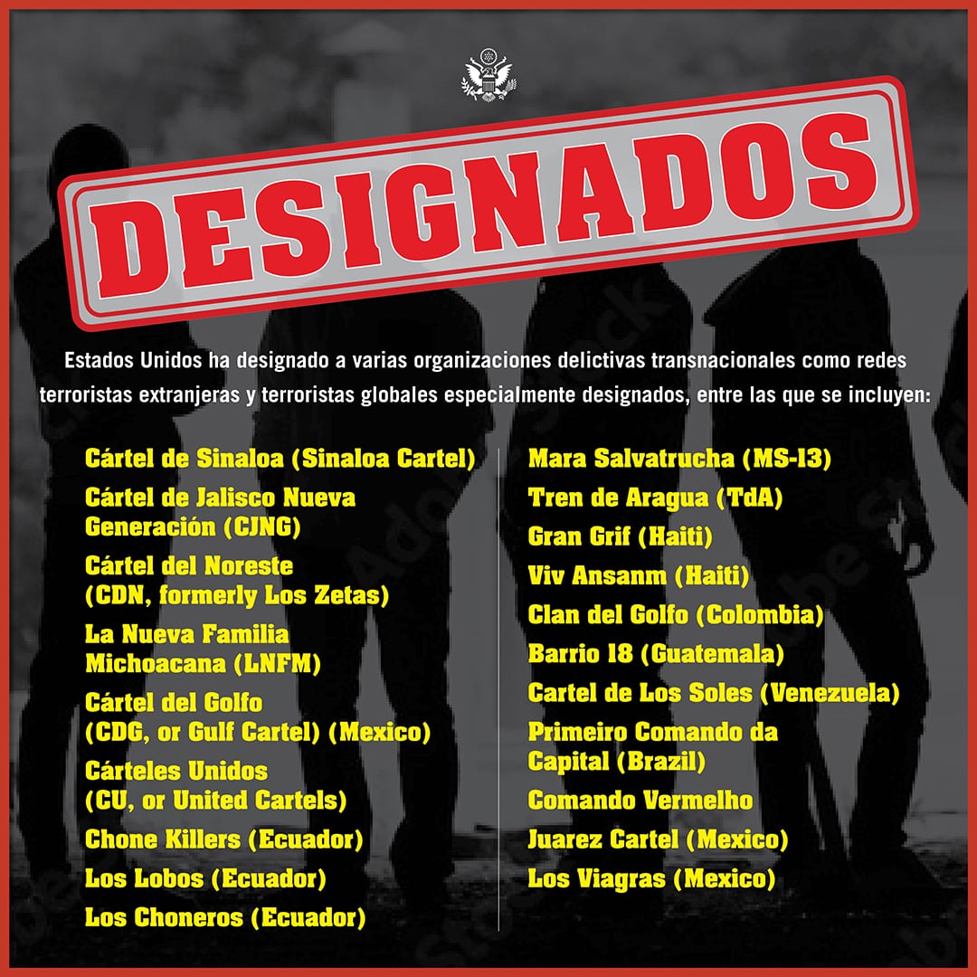 Estas son las 20 organizaciones criminales designadas como terroristas por la administración Trump. Crédito: X - @WHAAsstSecty