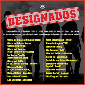 Estas son las 20 organizaciones criminales designadas como terroristas por la administración Trump. Crédito: X - @WHAAsstSecty