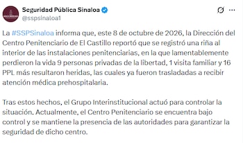 Seguridad Pública de Sinaloa informó sobre la muerte de nueve internos y un fallecimiento de una visita en el episodio del jueves 8 de octubre. (Crédito: X | @sspsinaloa1)