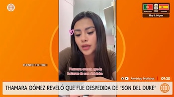 Captura de pantalla de noticiero. Mujer de cabello oscuro en primer plano. Corazón rosa en su cabello. Textos: 'FUENTE: TIK TOK', 'América Noticias', titular de noticia