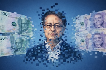 Retrato de Gustavo Petro, su rostro visible y cuerpo pixelado en azul, rodeado de billetes de cien mil y cincuenta mil pesos colombianos que se fragmentan.