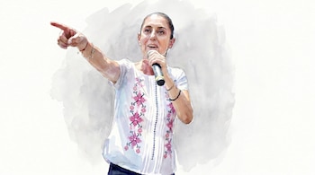 Ilustración acuarela de Claudia Sheinbaum hablando en un micrófono y señalando con el brazo derecho, sobre un fondo gris tenue y blanco.