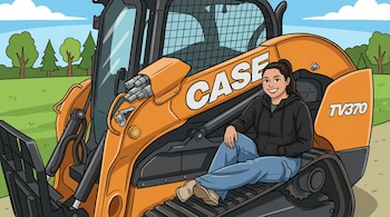 Ilustración de una mujer con cabello oscuro y sudadera negra sentada sobre un cargador compacto CASE TV370 naranja con fondo de césped y árboles.