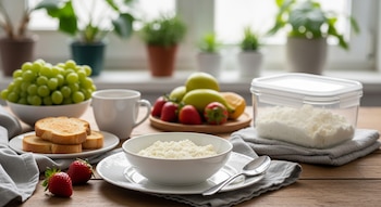 Un bol de ricota con cuchara, fresas, tostadas, taza, uvas, manzanas, contenedor de ricota, plantas y ventanal en una mesa de madera.