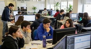 Grupo de jóvenes estudiantes sentados en escritorios individuales con computadoras en un espacio de oficina moderno, enfocados en sus pantallas.