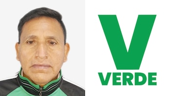 Fotografía de un hombre con casaca verde a la izquierda y una letra V de color verde con la palabra VERDE a la derecha