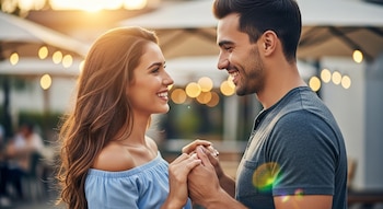 Primer plano de una pareja joven sonriente mirándose y tomándose de las manos. La luz dorada del atardecer ilumina sus rostros y cabello.