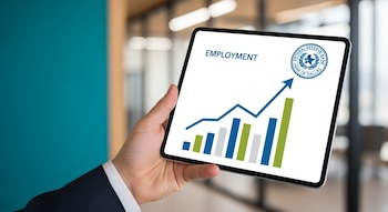 Primer plano de una mano sosteniendo una tablet con un gráfico de barras de empleo en alza y el logo del Federal Reserve Bank of Dallas. Fondo de oficina difuso.