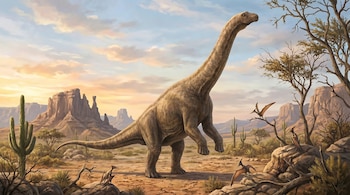 Ilustración de un Brachiosaurus de cuello largo en un paisaje desértico rocoso con cactuses, árboles, montañas y varios pterosaurios volando.