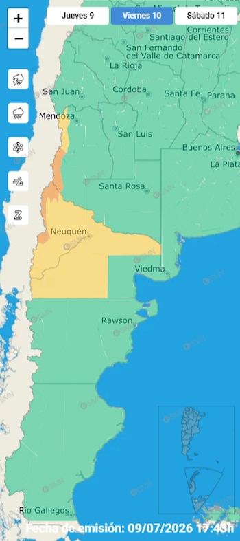 El SMN mantiene alertas amarillas y naranjas en Patagonia y Mendoza por lluvias, nevadas, viento blanco y baja visibilidad, mientras el norte espera tormentas y máximas de hasta 26°C