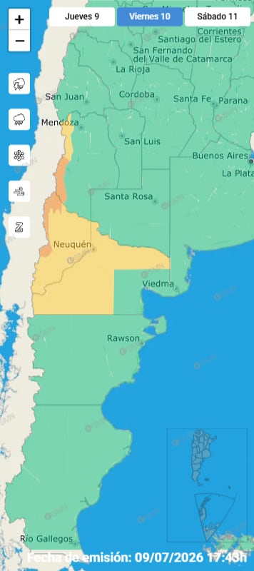 El SMN mantiene alertas amarillas y naranjas en Patagonia y Mendoza por lluvias, nevadas, viento blanco y baja visibilidad, mientras el norte espera tormentas y máximas de hasta 26°C