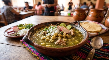 Un recipiente de barro con pozole verde decorado con rábanos y cebolla, junto a un plato con limones, pepitas y una cuchara de metal.