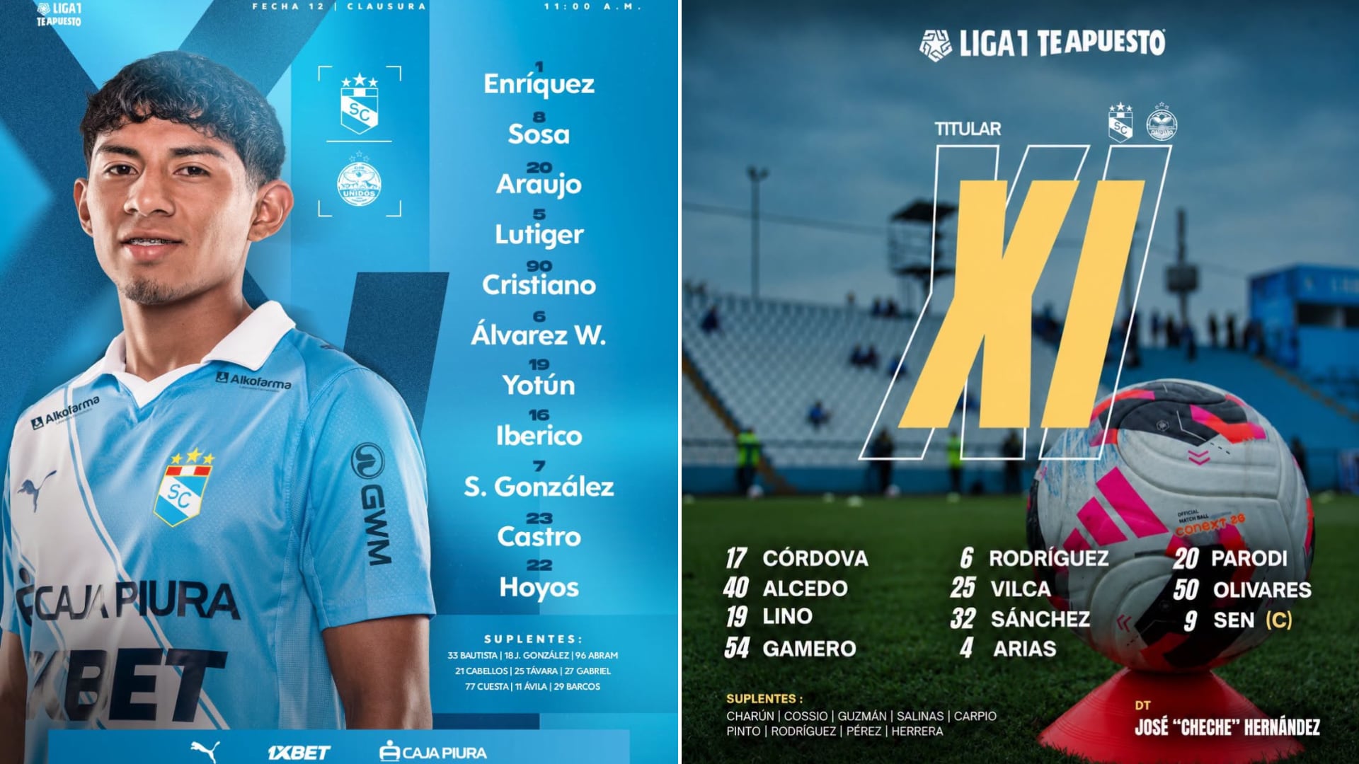 Alineaciones confirmadas del Sporting Cristal vs Comerciantes Unidos por fecha 12 del Torneo Clausura 2026.