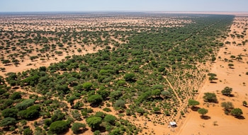 Vista aérea de una larga franja de vegetación verde que atraviesa un vasto paisaje desértico rojizo bajo un cielo claro. Se observa una pequeña estructura blanca.