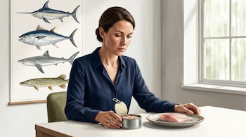 Mujer ante una mesa con una lata de atún, un plato de pescado fresco y un cartel con cuatro ilustraciones de peces en la pared.