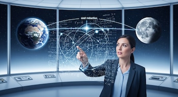 Una mujer vestida de negocios señala una pantalla holográfica con fórmulas matemáticas, la Tierra y la Luna en una sala de control futurista.