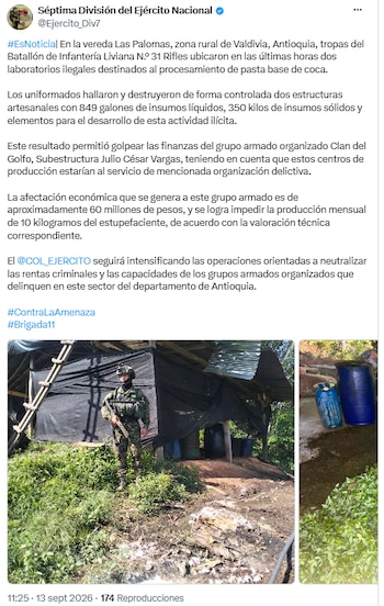 Operación contra el Clan del Golfo dejó dos laboratorios ilegales destruidos en Antioquia - crédito @Ejercito_Div7/X