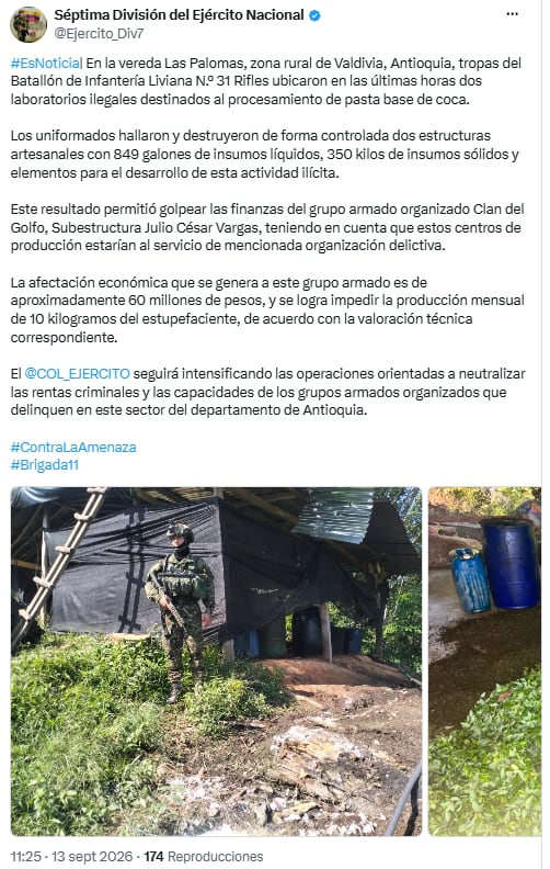 Operación contra el Clan del Golfo dejó dos laboratorios ilegales destruidos en Antioquia - crédito @Ejercito_Div7/X