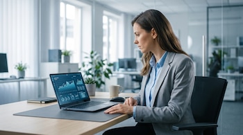 Mujer con saco gris y camisa azul sentada frente a una computadora portátil que muestra gráficos estadísticos en una oficina.
