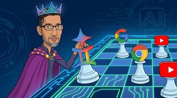 Caricatura de Sundar Pichai con capa y corona moviendo una pieza de ajedrez del logo de Gemini en un tablero futurista con logos de Google, Chrome y YouTube, sobre un fondo de IA.