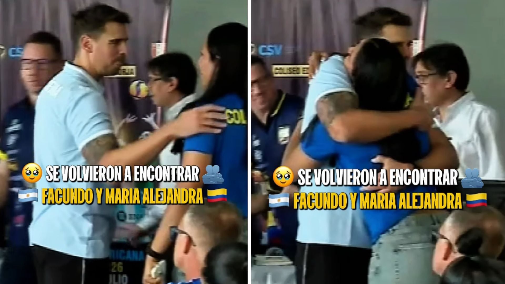 Facundo Morando y María Alejandra Marín se funden en emotivo abrazo durante la conferencia de la Copa Sudamericana de Vóley 2026