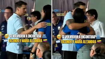 Facundo Morando y María Alejandra Marín se funden en emotivo abrazo durante la conferencia de la Copa Sudamericana de Vóley 2026