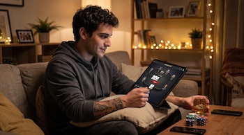 Un hombre sentado en un sofá sostiene una tableta que muestra un juego de póquer, junto a una mesa con fichas y un vaso.