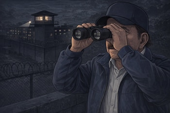 Ilustración animada de Daniel Ortega con gorra y chaqueta, mirando a través de binoculares una prisión con torre de vigilancia y cercas de alambre de púas, de noche.