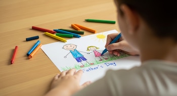 Primer plano de un niño dibujando con un crayón azul una tarjeta del Día del Padre, con figuras de palitos, sol y pasto, y crayones coloridos dispersos en la mesa de madera.