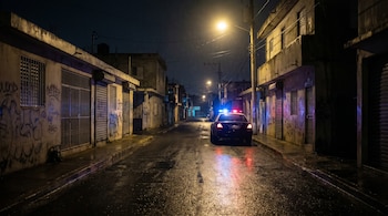 Calle urbana desierta y mojada de noche. Patrulla policial estacionada bajo una farola, sus luces azul y rojo reflejadas en el asfalto húmedo. Edificios con grafitis.