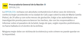La Procuraduría General de la Nación rechazó “con absoluta contundencia” el asesinato de María Camila Potosí, una joven de 21 años que cursaba ocho meses de embarazo y murió en un caso de violencia contra la mujer ocurrido en Cali - crédito @PGN_COL/X