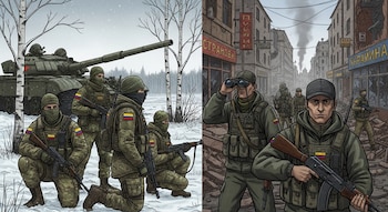 Ilustración de soldados con banderas colombianas en dos escenarios: uno invernal con tanque, otro urbano con edificios destruidos y humo.