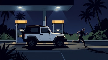 Ilustración de un hombre que corre junto a un automóvil todoterreno blanco estacionado bajo los surtidores de una gasolinera nocturna con palmeras.