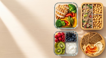 Vista cenital de cuatro recipientes con comidas saludables: pollo asado con vegetales, quinua con garbanzos, bayas con kiwi y yogur, y hummus con galletas.