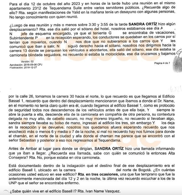 En su testimonio, la escolta que acompañó a Sandra Ortiz indicó que acompañó a la exfuncionaria al apartamento de Iván Name, el día en que se habría entregado la segunda parte del soborno al exsenador - crédito Infobae Colombia