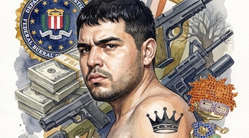 Ilustración de un hombre con tatuaje de corona, logo del FBI, fajos de dólares, armas de fuego, un árbol y un personaje Rugrats.