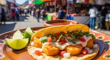 Primer plano de un taco de camarones dorados, queso fundido, cebolla, tomate y cilantro en tortilla de maíz, con limones y salsa en plato de cerámica, fondo de mercado.