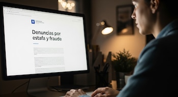 Una persona sentada frente a una computadora de escritorio con las manos sobre el teclado. En la pantalla se lee claramente "Denuncias por estafa y fraude".