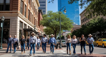 Un grupo de personas, varias con sombreros vaqueros, cruza una calle en Texas. Se ven edificios históricos de ladrillo y rascacielos modernos.